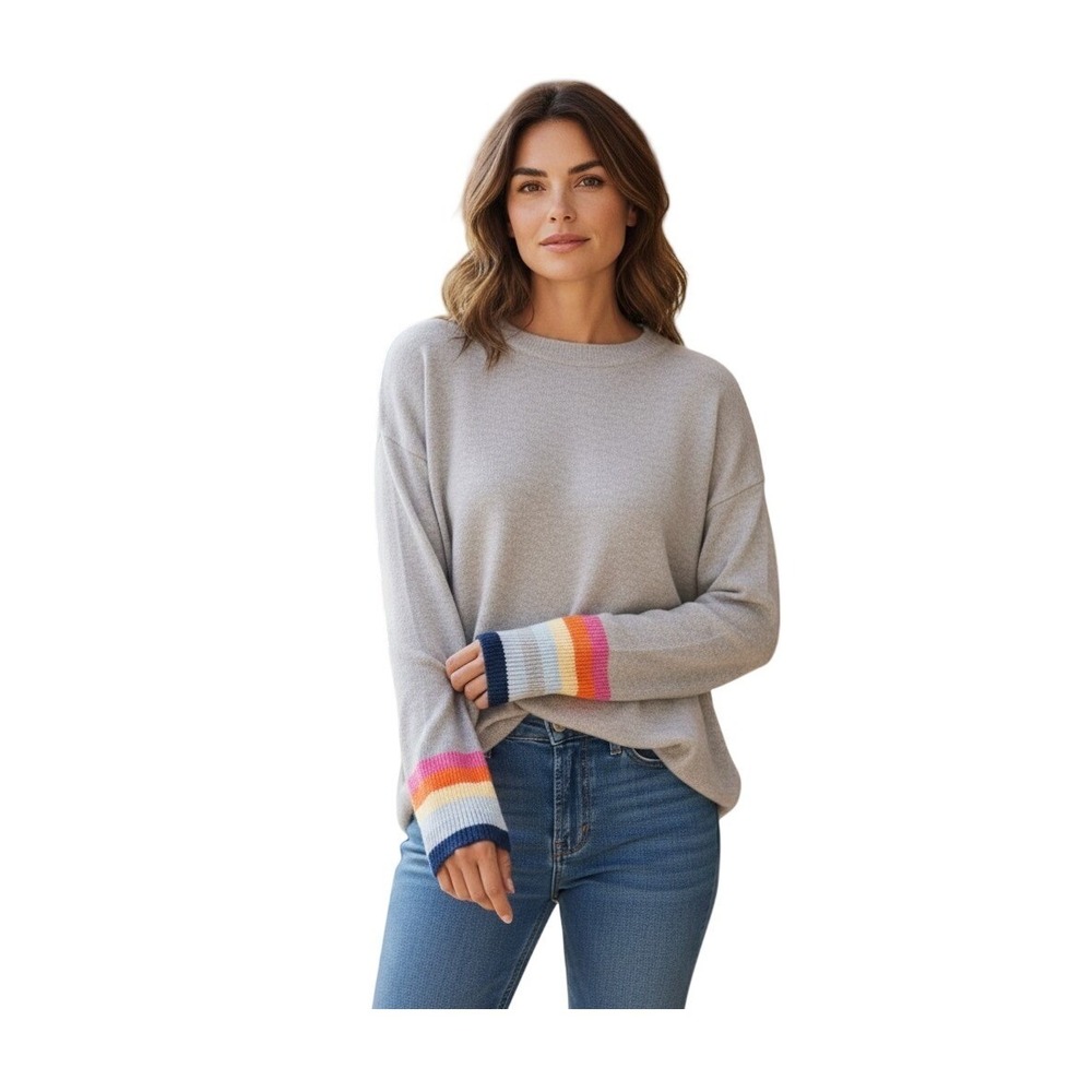 THML Brandy‎ Rainbow Stripe Cuff Crewneck Sweater Gray Knit S